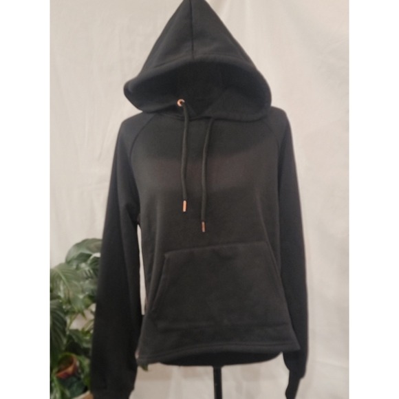 Bebe Sport Tops - Bebe Sport Womens Black Rose Gold Sequin Logo Side Tape Hoodie Pullover Large